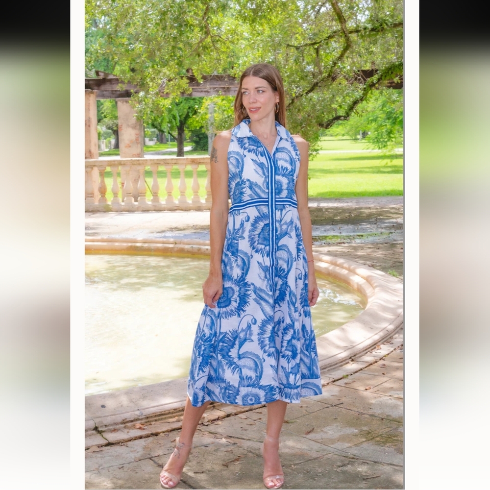 Isla Payal Windsor Midi Sunflower Popover Shirt Dress Blue Coastal Classic Beach